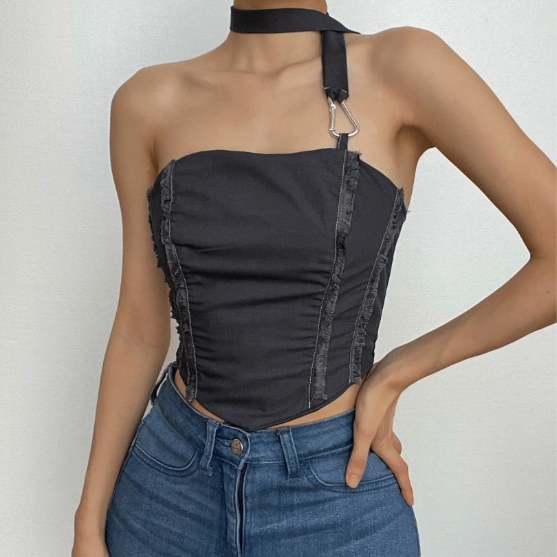 Y2K Smocked Stitch Halter Backless Crop Top - Cute Coquette & Grunge Aesthetic Style