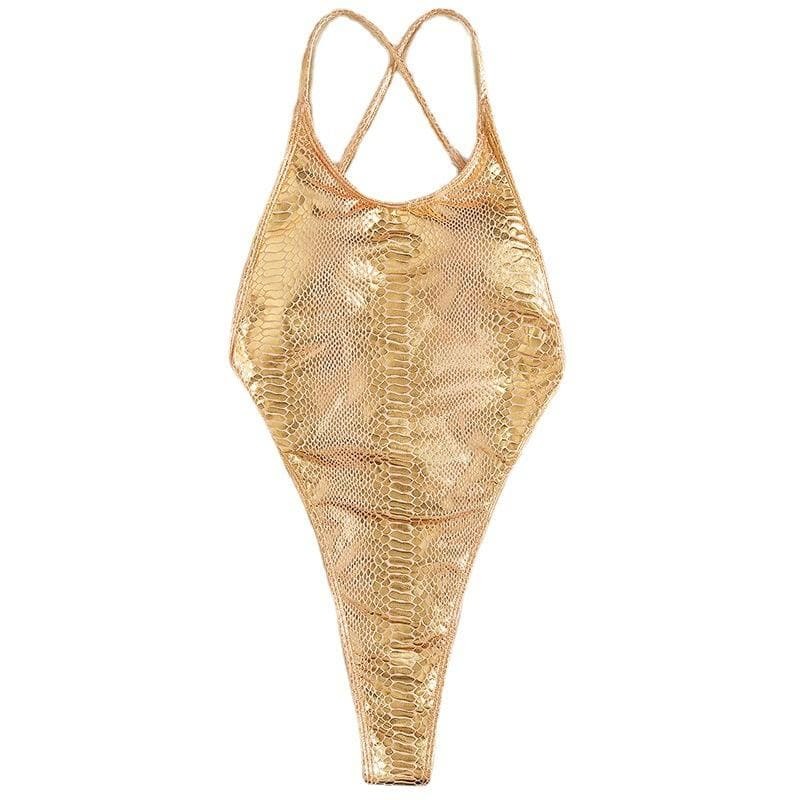 Y2K Snakeskin Cross Back Backless One-Piece Swimwear - Trendy Coquette & Grunge Aesthetic