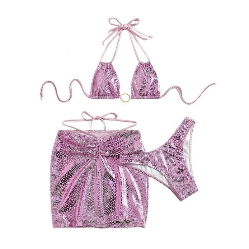 Y2K Snakeskin Metallic Halter O-Ring Self-Tie Mini Skirt 3-Piece Swimwear Set