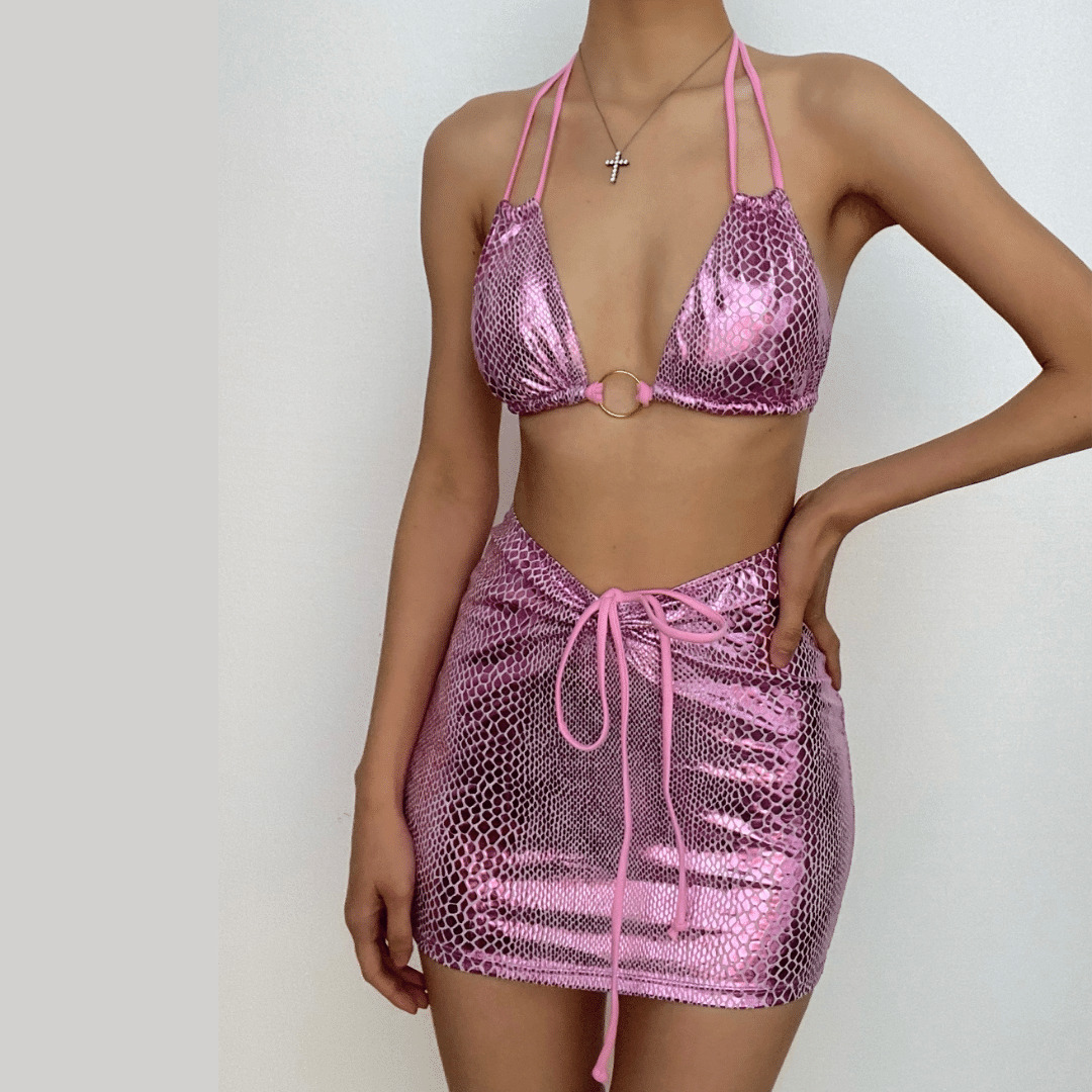Y2K Snakeskin Metallic Halter O-Ring Self-Tie Mini Skirt 3-Piece Swimwear Set