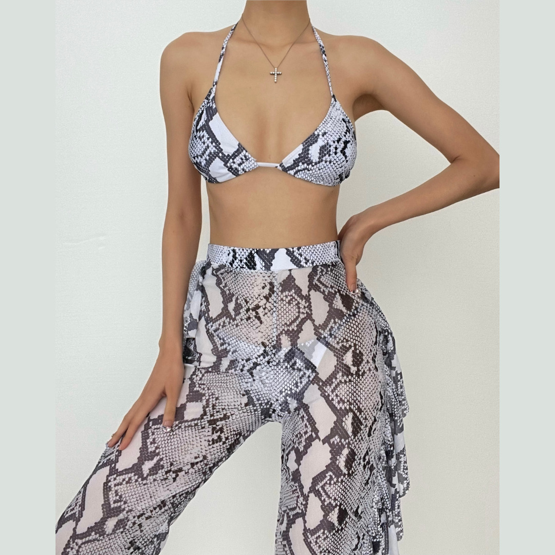 Y2K Snakeskin Ruffle Mesh Halter Self-Tie 3-Piece Swimwear Set for Coquette & Grunge Aesthetics