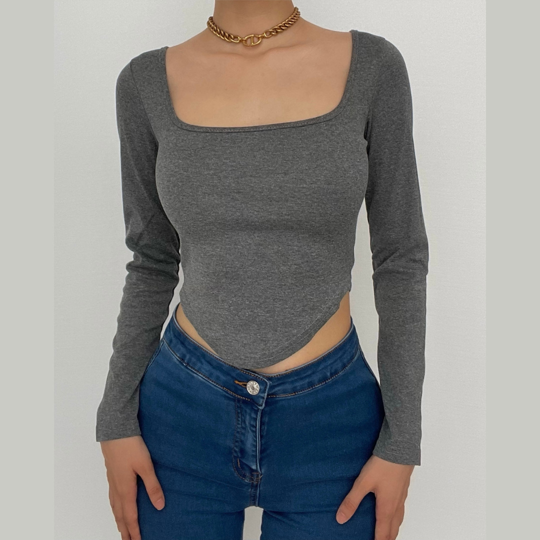 Y2K Solid Square Neck Long Sleeve Crop Top - Cute Pastel Goth & Coquette Aesthetic