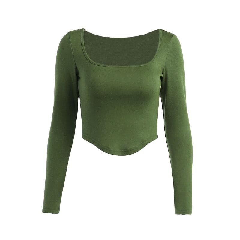 Y2K Solid Square Neck Long Sleeve Crop Top - Cute Pastel Goth & Coquette Aesthetic