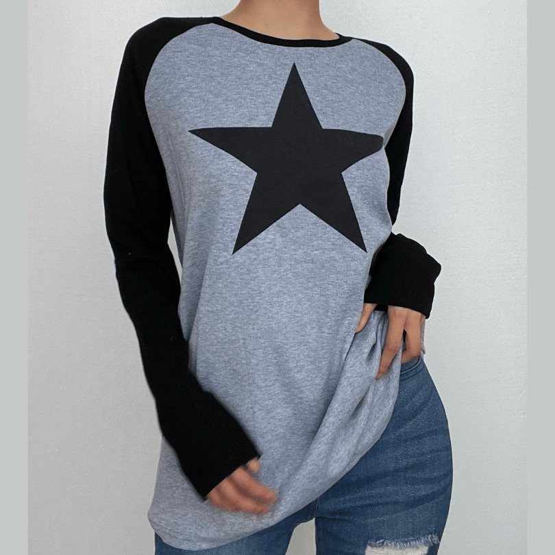 Y2K Star Pattern Long Sleeve Top - Cute Grunge Aesthetic Tee for Comfy Outfits