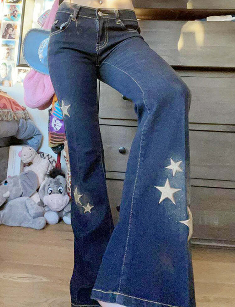 Y2K Star Pattern Low Waist Jeans - Trendy Grunge Aesthetic Denim for Cute Outfits
