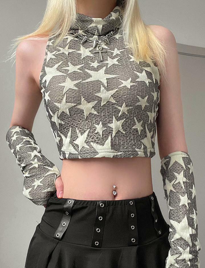 Y2K Star Pattern Slim Cropped Turtleneck Tank Top - Cute Aesthetic for Grunge & Coquette Styles
