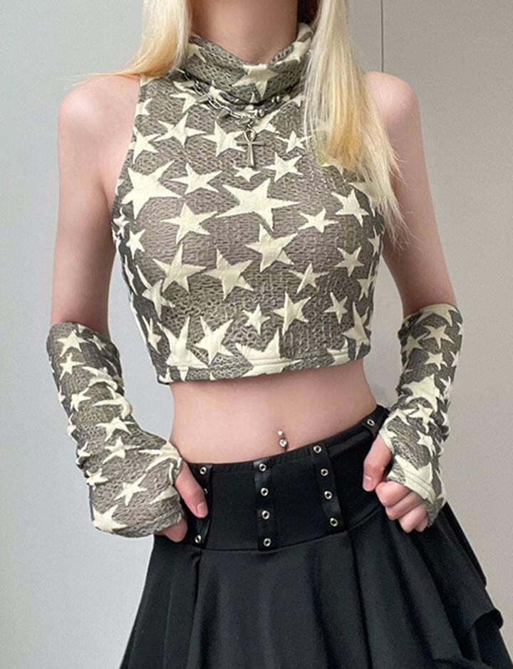 Y2K Star Pattern Slim Cropped Turtleneck Tank Top - Cute Aesthetic for Grunge & Coquette Styles