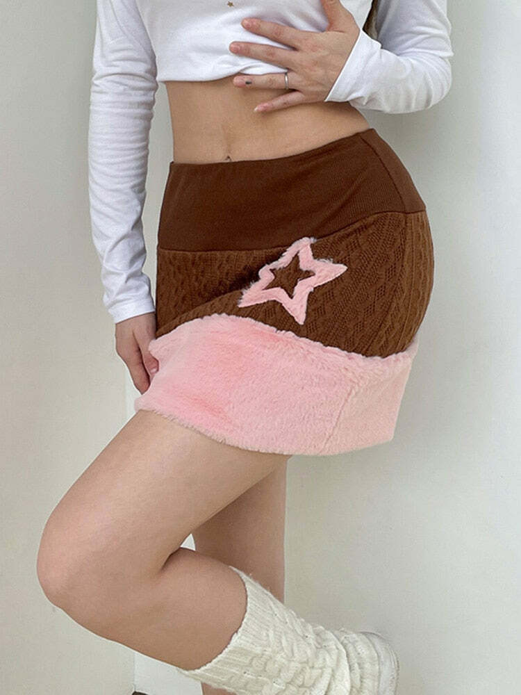 Y2K Star Print Knitted Mini Skirt - Cute Coquette Aesthetic for Grunge & Pastel Styles