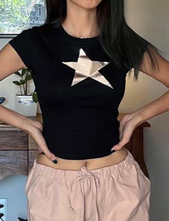 Y2K Star Print Slim Fit Crop Top - Cute Short Sleeve Tee for Coquette & Grunge Aesthetics