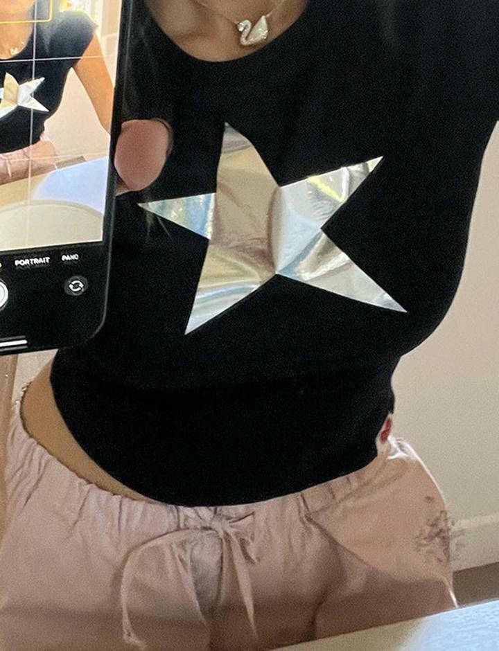 Y2K Star Print Slim Fit Crop Top - Cute Short Sleeve Tee for Coquette & Grunge Aesthetics