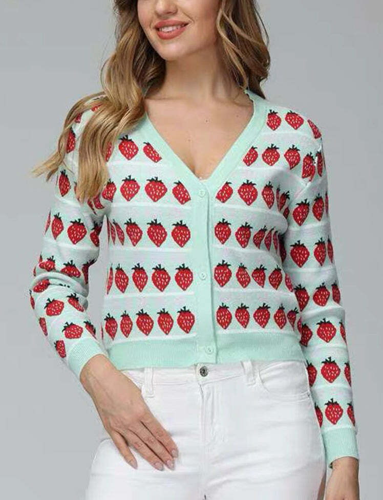 Y2K Strawberry Print Knitted Cardigan - Cute Pastel Goth Aesthetic Sweater for Cozy Vibes