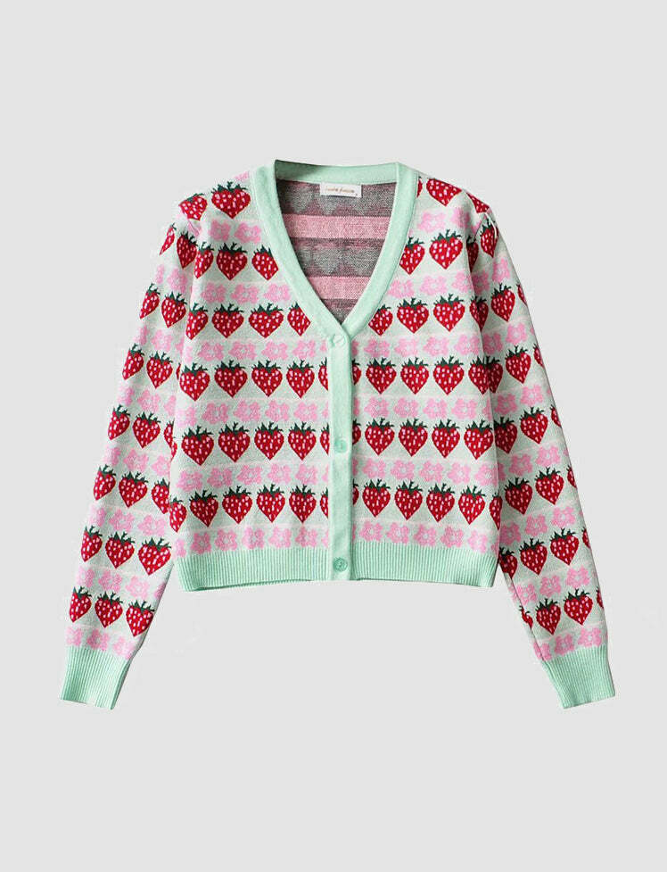 Y2K Strawberry Print Knitted Cardigan - Cute Pastel Goth Aesthetic Sweater for Cozy Vibes