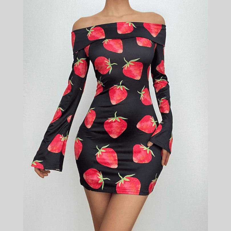 Y2K Strawberry Print Off-Shoulder Mini Dress - Cute Coquette Aesthetic for Fall Fashion