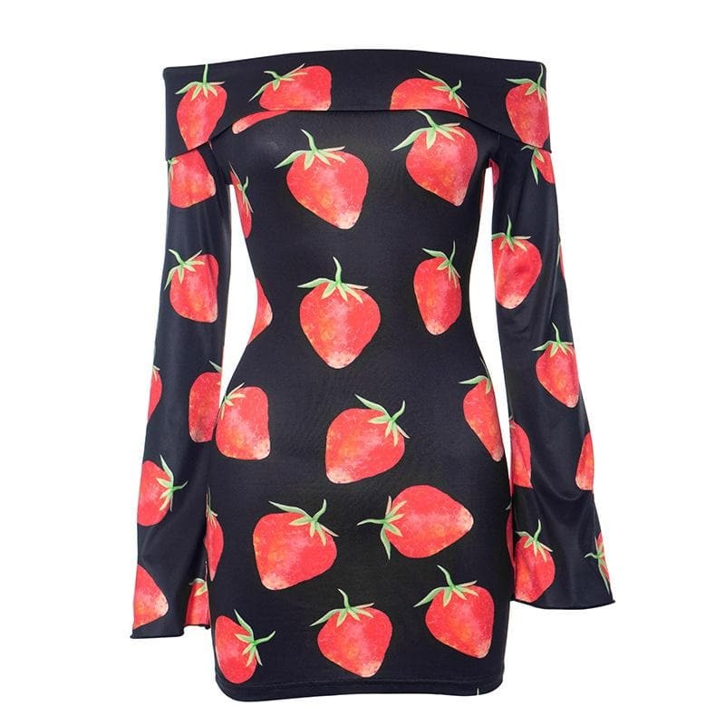 Y2K Strawberry Print Off-Shoulder Mini Dress - Cute Coquette Aesthetic for Fall Fashion