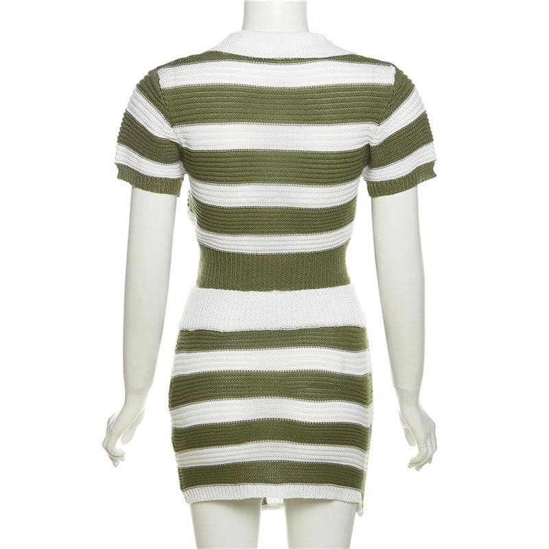 Y2K Striped Knitted Mini Skirt Set with Irregular Turnover Collar - Cute Coquette Aesthetic