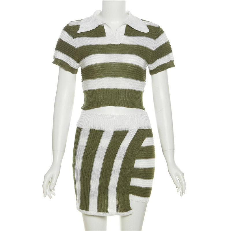 Y2K Striped Knitted Mini Skirt Set with Irregular Turnover Collar - Cute Coquette Aesthetic