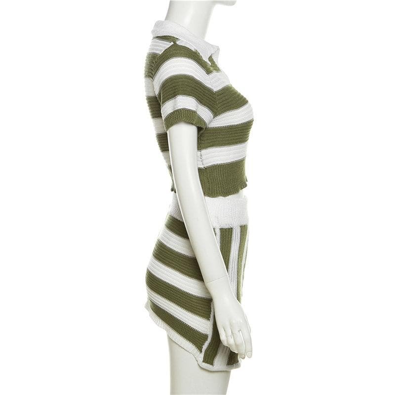 Y2K Striped Knitted Mini Skirt Set with Irregular Turnover Collar - Cute Coquette Aesthetic