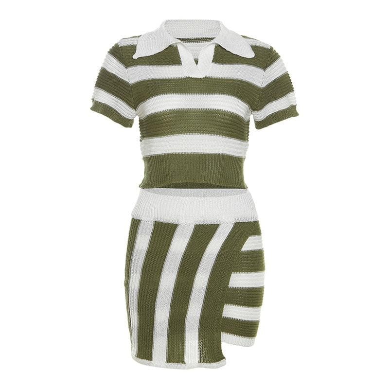 Y2K Striped Knitted Mini Skirt Set with Irregular Turnover Collar - Cute Coquette Aesthetic