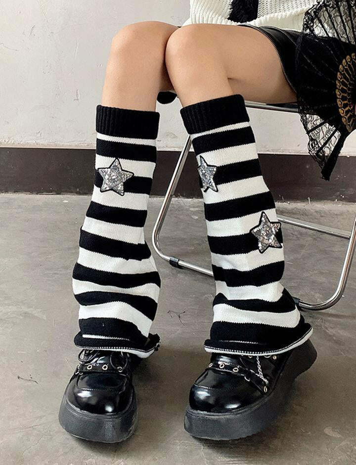 Y2K Striped Star Pile Socks - Cute Comfy Aesthetic for Grunge & Coquette Styles