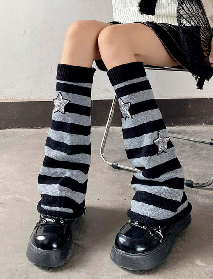 Y2K Striped Star Pile Socks - Cute Comfy Aesthetic for Grunge & Coquette Styles