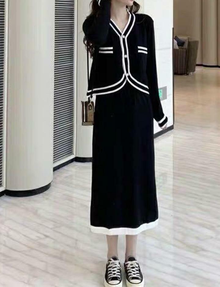Y2K Striped Trim Cardigan & Midi Skirt Set - Coquette Aesthetic Outfit for Fall Fashion