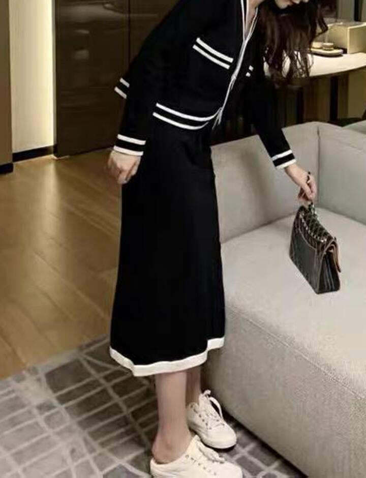 Y2K Striped Trim Cardigan & Midi Skirt Set - Coquette Aesthetic Outfit for Fall Fashion
