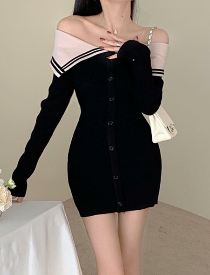 Y2K Striped Trim Off Shoulder Rib Knit Dress - Cute Coquette & Grunge Aesthetic Fashion
