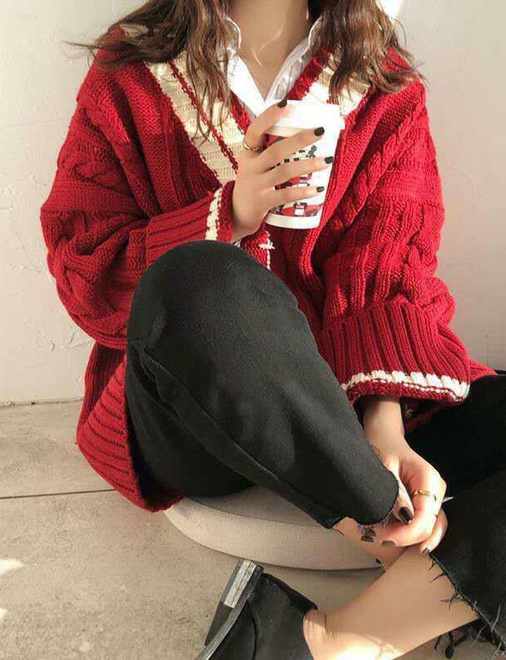 Y2K Striped Trim V-Neck Loose Sweater - Comfy Aesthetic Top for Grunge & Coquette Styles