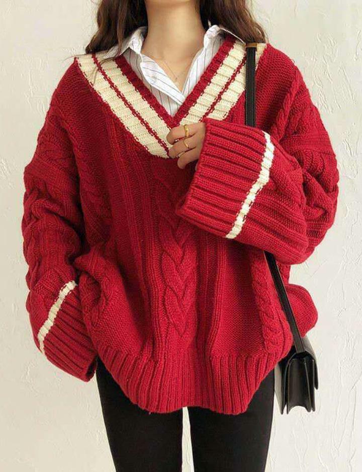 Y2K Striped Trim V-Neck Loose Sweater - Comfy Aesthetic Top for Grunge & Coquette Styles