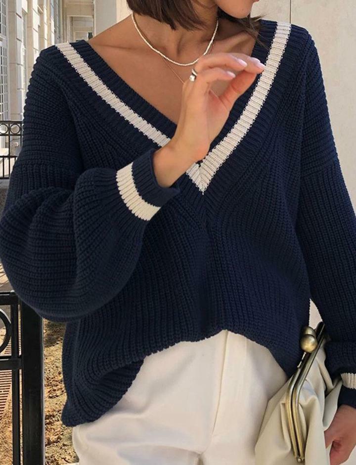 Y2K Striped Trim V Neck Oversized Sweater - Cozy Grunge Aesthetic Top for Cute Outfits