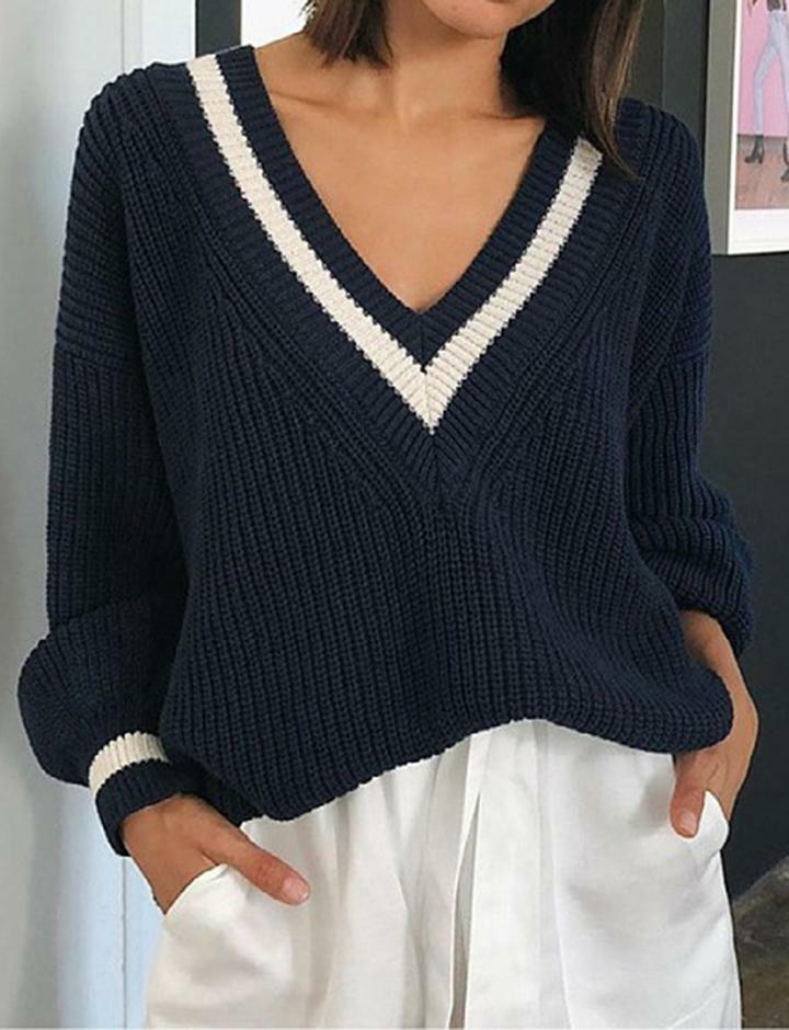 Y2K Striped Trim V Neck Oversized Sweater - Cozy Grunge Aesthetic Top for Cute Outfits