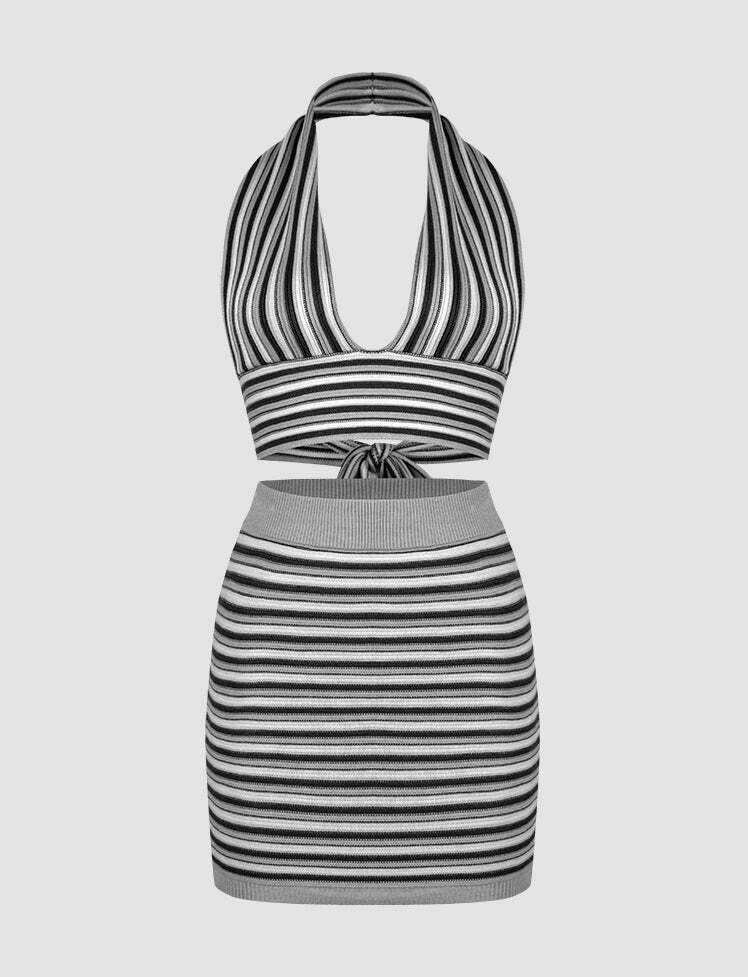 Y2K Stripes Halter Backless Top & Cargo Skirt Set - Coquette Aesthetic Outfit