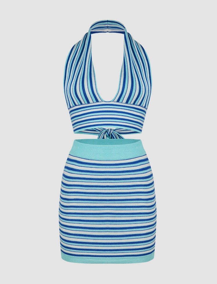 Y2K Stripes Halter Backless Top & Cargo Skirt Set - Coquette Aesthetic Outfit