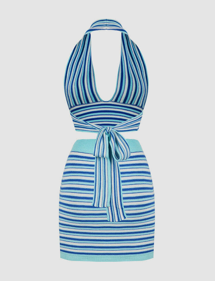 Y2K Stripes Halter Backless Top & Cargo Skirt Set - Coquette Aesthetic Outfit