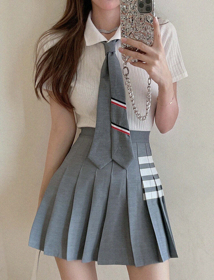 Y2K Stripes Top & Pleated Flared Hem Skirt Set - Coquette Aesthetic Outfit for Trendy Looks