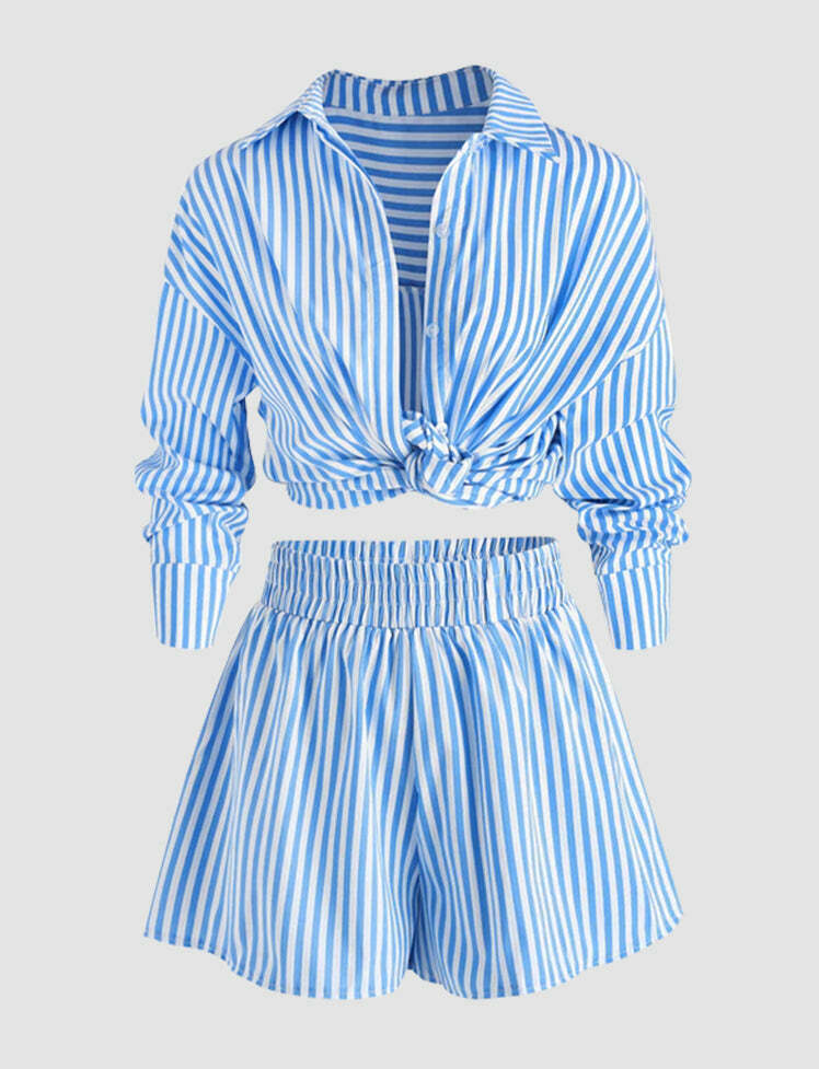 Y2K Stripes Top & Shorts Set - Cute Coquette Aesthetic Outfit for Grunge & Pastel Goth Styles