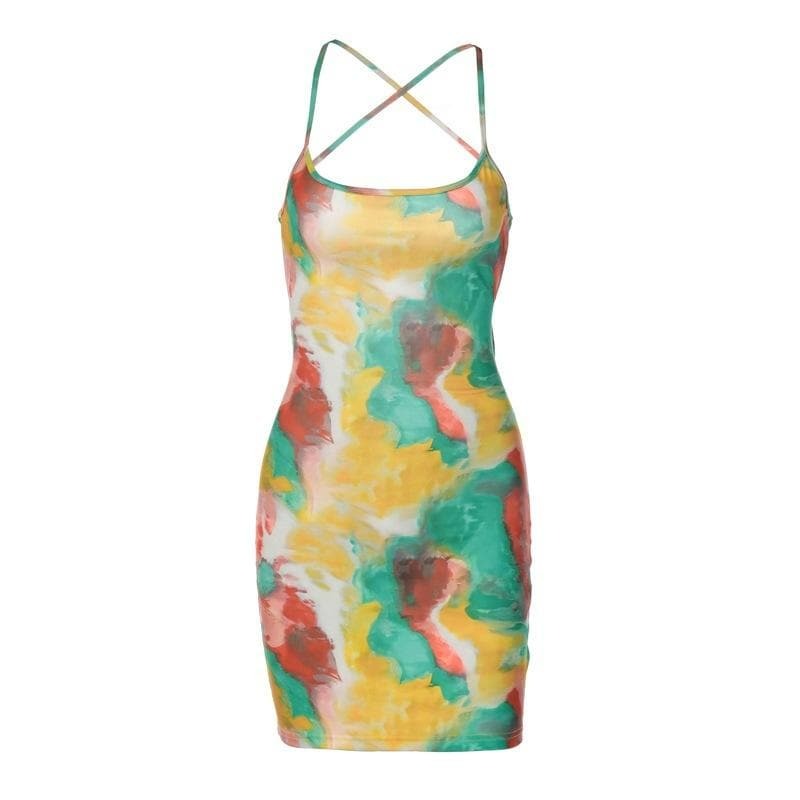 Y2K Tie Dye Lace-Up Backless Cami Mini Dress - Cute Coquette & Grunge Aesthetic Style