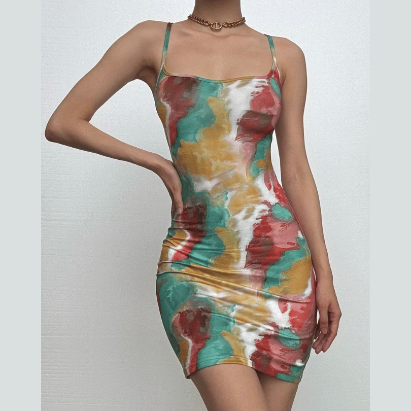 Y2K Tie Dye Lace-Up Backless Cami Mini Dress - Cute Coquette & Grunge Aesthetic Style