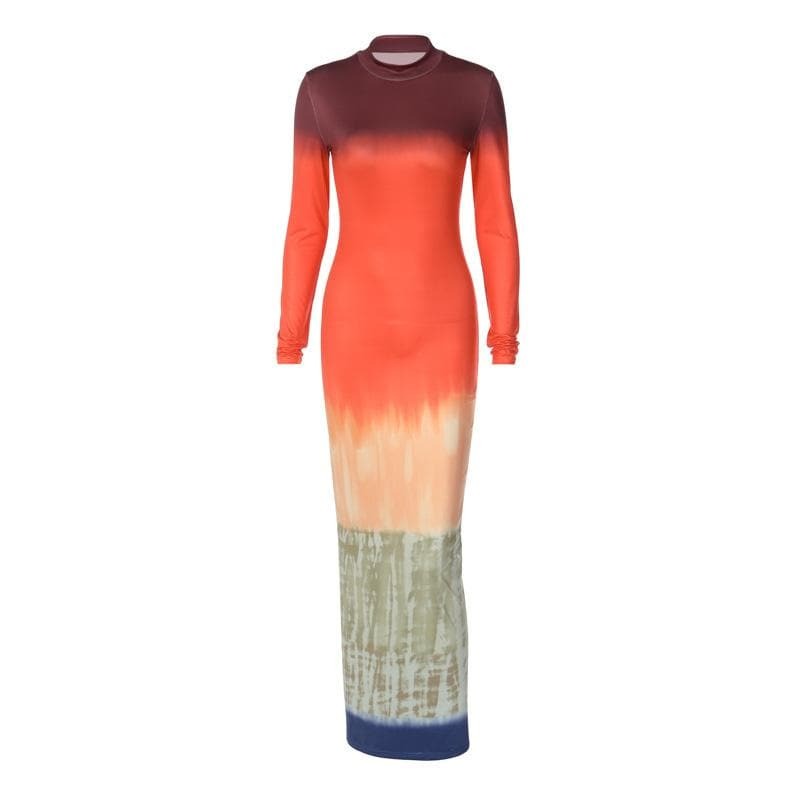 Y2K Tie Dye Long Sleeve High Neck Maxi Dress - Coquette & Grunge Aesthetic Fashion