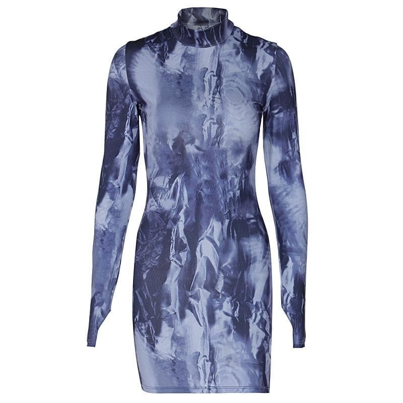 Y2K Tie Dye Long Sleeve High Neck Mini Dress with Contrast Gloves - Grunge & Coquette Aesthetic