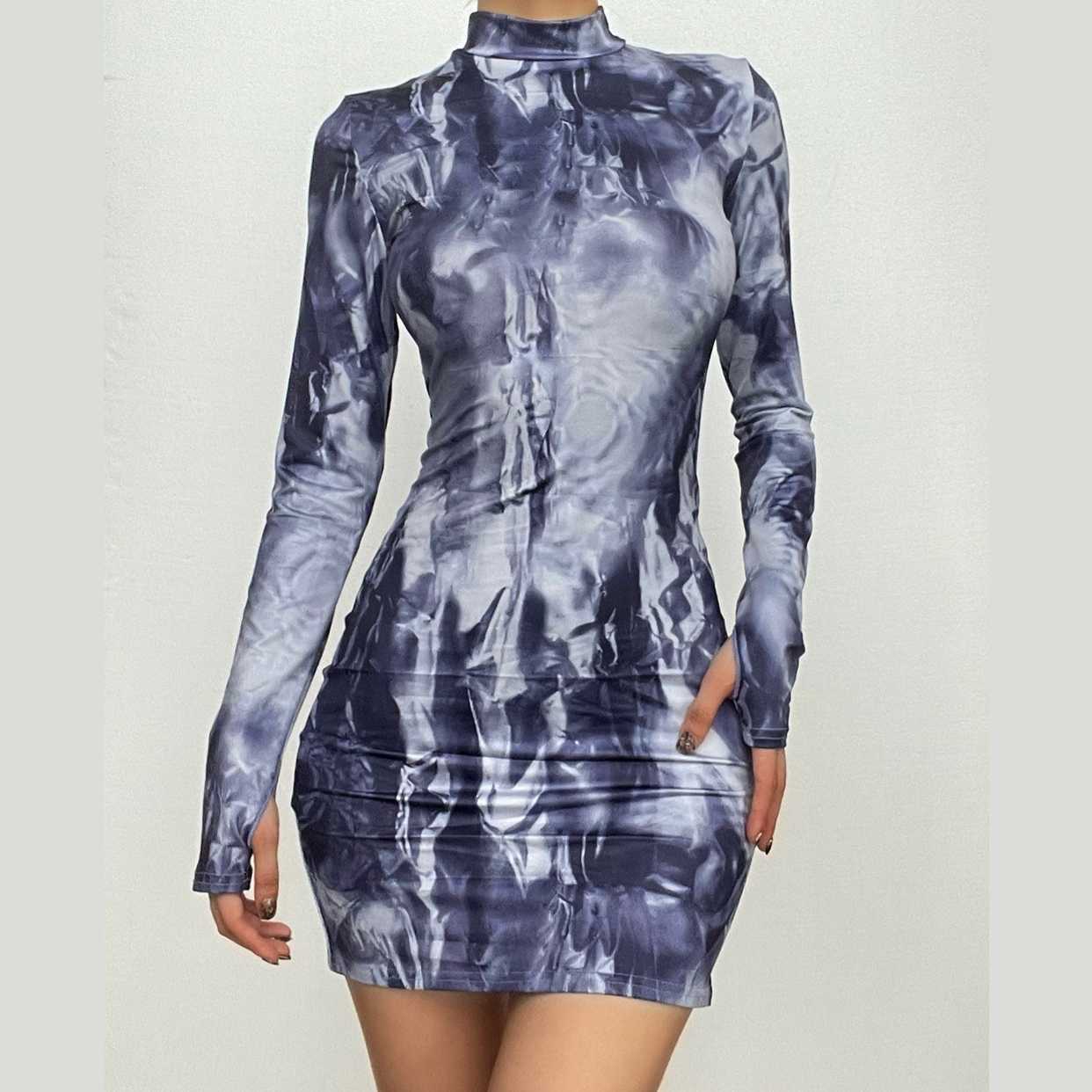 Y2K Tie Dye Long Sleeve High Neck Mini Dress with Contrast Gloves - Grunge & Coquette Aesthetic