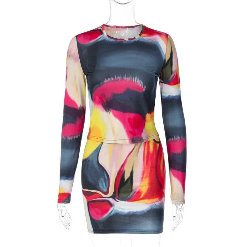 Y2K Tie Dye Long Sleeve Mini Skirt Set - Cute Coquette Aesthetic Outfit for Fall
