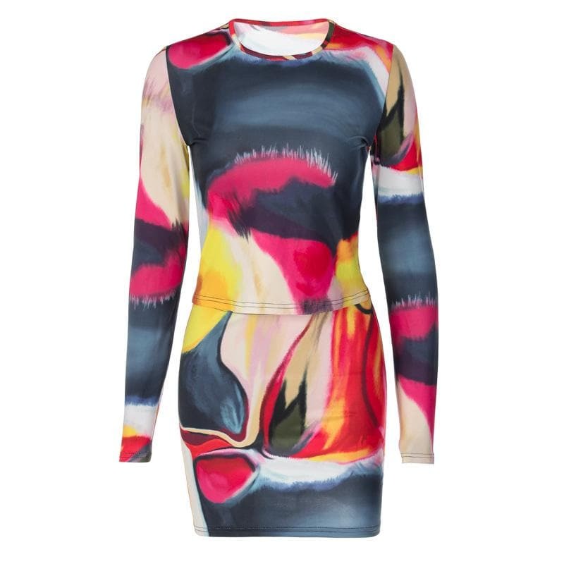 Y2K Tie Dye Long Sleeve Mini Skirt Set - Cute Coquette Aesthetic Outfit for Fall