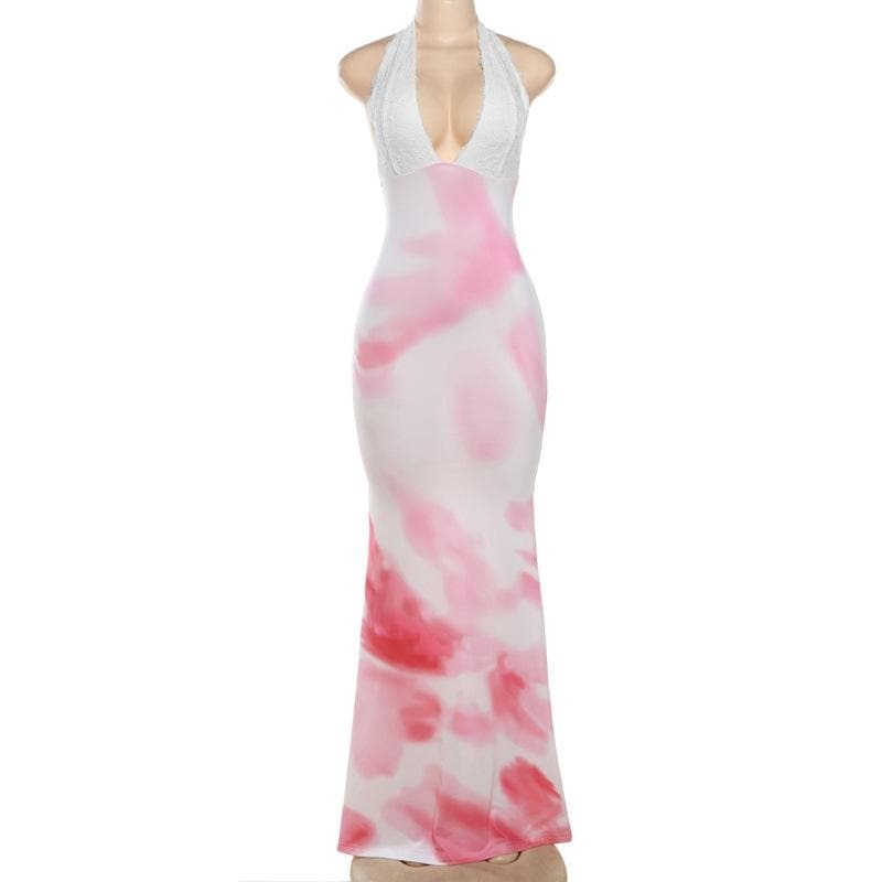Y2K Tie Dye Maxi Dress with Halter Lace Deep V Neck - Coquette & Grunge Aesthetic