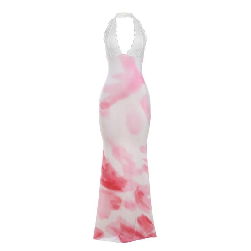 Y2K Tie Dye Maxi Dress with Halter Lace Deep V Neck - Coquette & Grunge Aesthetic