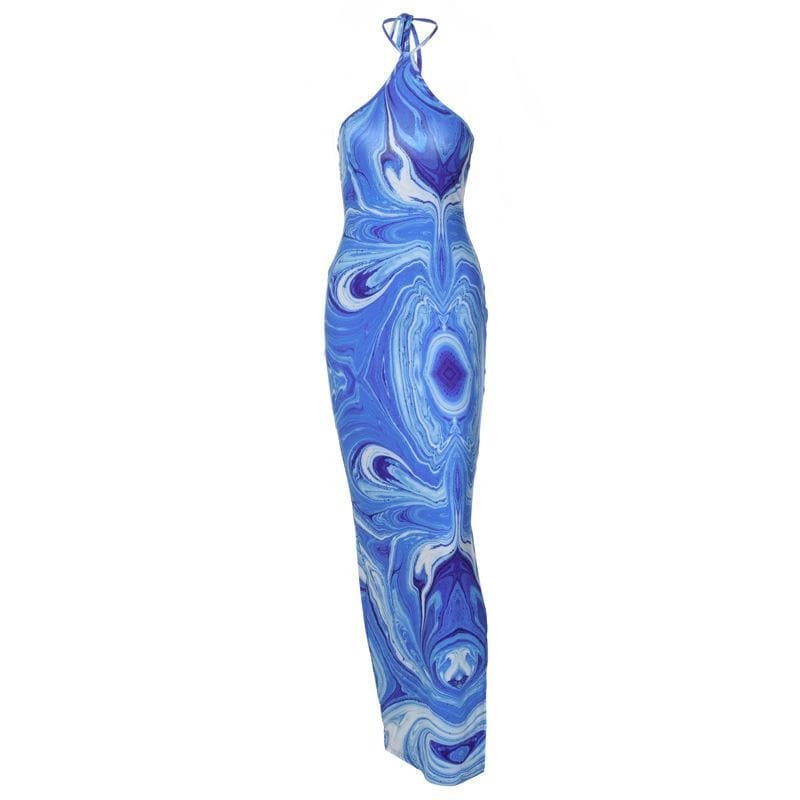 Y2K Tie Dye Maxi Dress with Halter Tie Back & Slit - Perfect for Coquette & Grunge Aesthetics