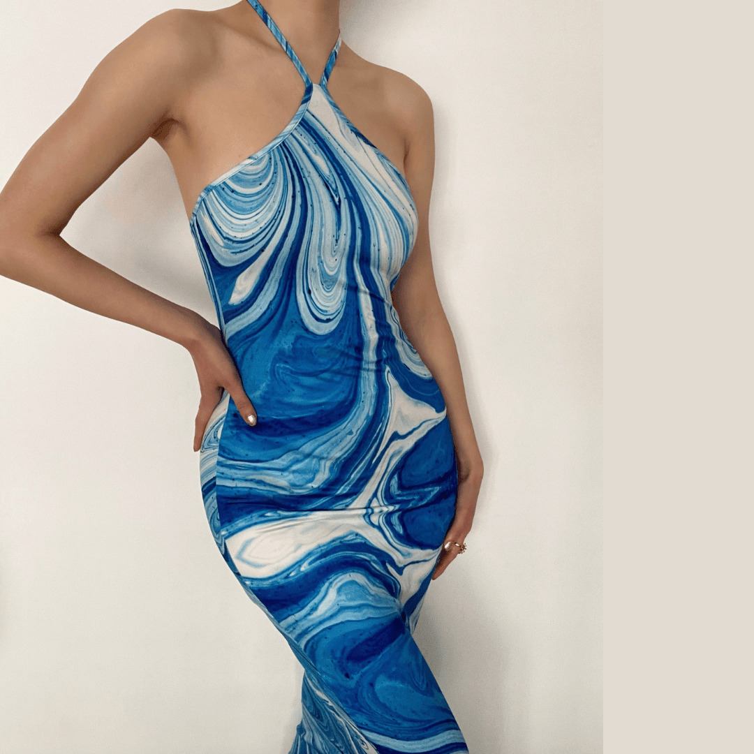 Y2K Tie Dye Maxi Dress with Halter Tie Back & Slit - Perfect for Coquette & Grunge Aesthetics