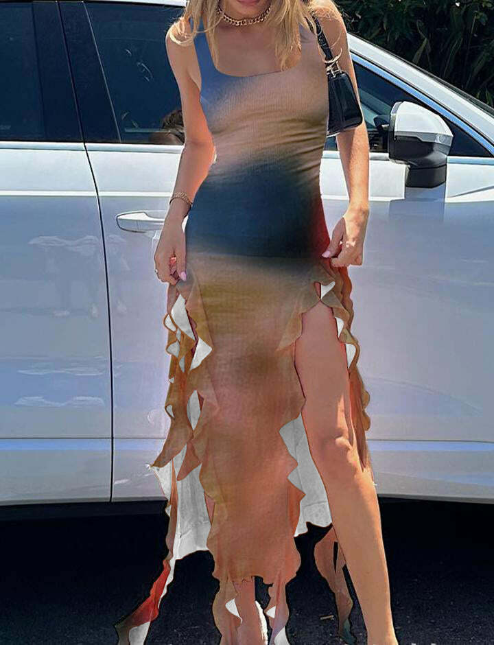 Y2K Tie Dye Maxi Dress with Sleeveless Ruffle Fringe Hem for Coquette & Grunge Aesthetic