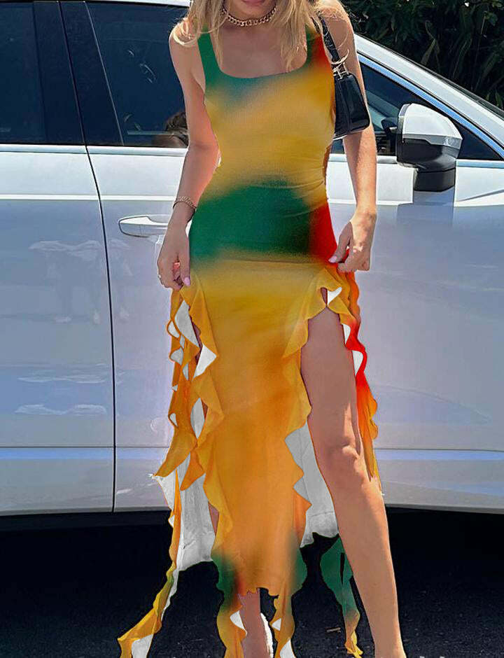 Y2K Tie Dye Maxi Dress with Sleeveless Ruffle Fringe Hem for Coquette & Grunge Aesthetic