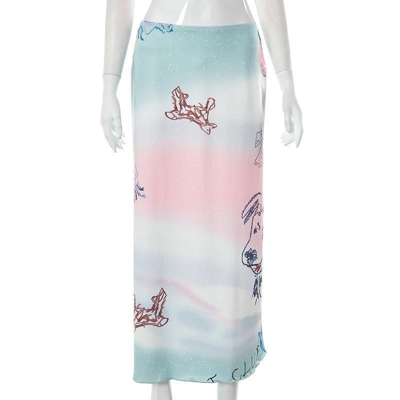 Y2K Tie Dye Maxi Skirt with Dog Pattern - Cute Comfy Aesthetic for Grunge & Coquette Styles